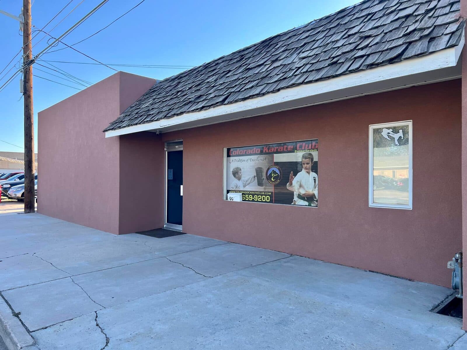 The Colorado Karate Club building in Brighton, Colorado after HJ Stucco refinished the exterior in smooth terracotta stucco